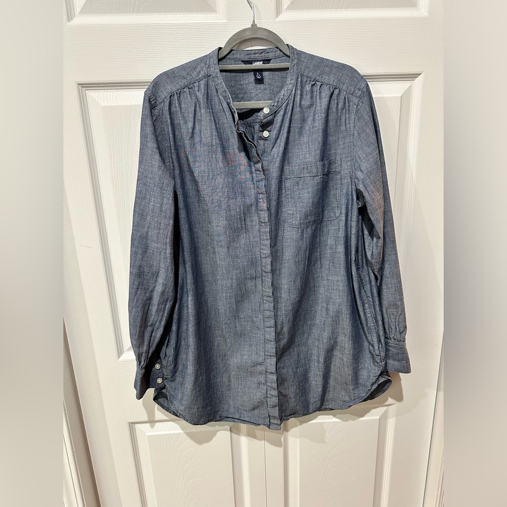 Lands End Tunic Length Button Down Shirt, denim/chambray, size L (14-16)
